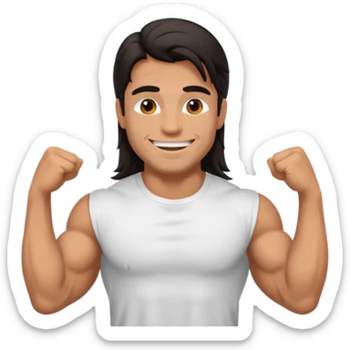 muscled happy guy, long dark hair, t-shirt sticker