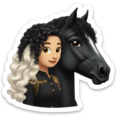 White girl, long black curly hair, next to a black spanish horse sticker