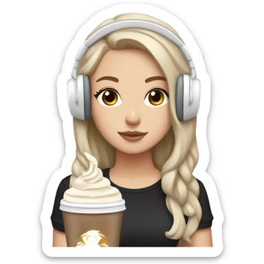White girl, with black hair, brown eyes, aesthetic clothes, and a frappuccino in hand, with white headphones around the neck sticker