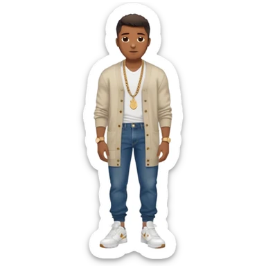 Handsome Black guy with brown skin tone, with muscular build, wearing long baggy dark denim jeans, a white t-shirt, a Burberry cardigan, white Nike sneakers, a gold watch, and a dainty chain sticker
