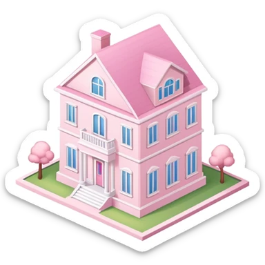 Light pink sorority house mansion, isometric dollhouse-style, realistic sticker