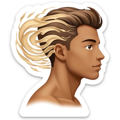 Male profile surrounded by floating fashion elements and energy waves, creative style essence, masculine vibe sticker