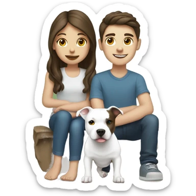 brunette girl and boy with a white pitbull ￼ sticker