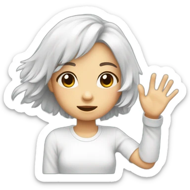 Cute girl with a white sweat a bit shy say hello and wave with hand sticker