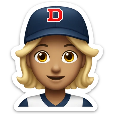 girl with wearing navy ballcap emblazoned with a red D initial and wearing baseball uniform sticker