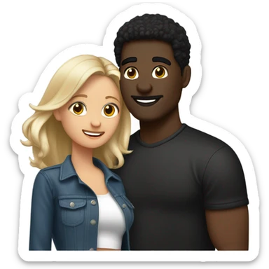 una pareja, el hombre es más alto, el hombre tiene pelo negro   la mujer es bastante más baja, es de piel clara, su pelo es oscuro, sus ojos resaltan por sus pestañas, está usando una blusa blanca y unos shorts negros sticker