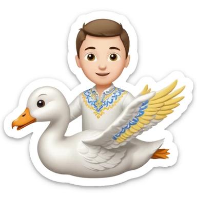 A boy in a Ukrainian white embroidered shirt flies on a white goose sticker