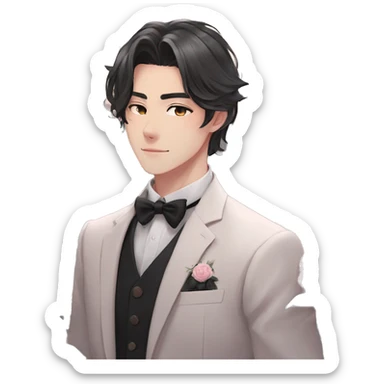Gorgeous romantic anime style Asian formal modern gentlemanly guy with cat ears and flowers and blushing face aesthetic trending style outside sticker