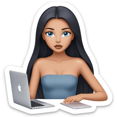 Glamours tanned very beautiful girl with pump nude lips and black straight smooth long hair, blue-grey eyes in strapless bodysuit with one MacBook. sticker