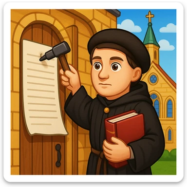 Add a church background behind Martin Luther nailing the 95 Theses, in the style of apple emojis, preserving the apple emoji style look and feel. sticker