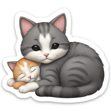 dark grey and white small cat with his eyes closed, leaning his head on his paw while leaning on his elbow lying down sticker