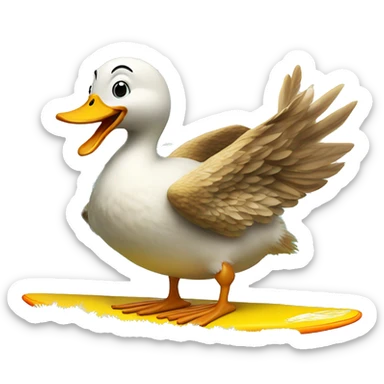 Duck dressed as a chicken ride a wave on a surfboard  sticker