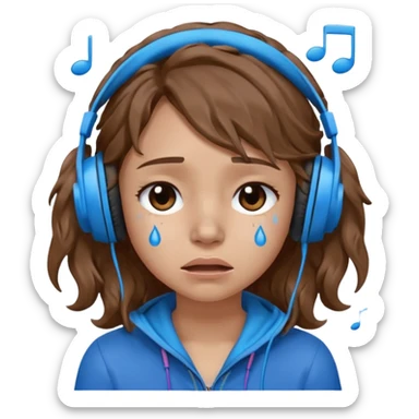 A crying girl with wavy hair listening to music with blue headphones sticker