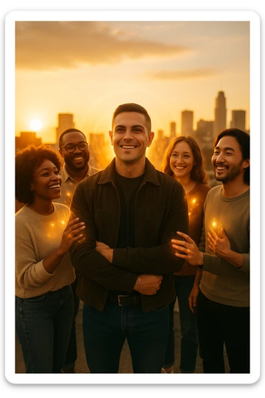 A cinematic scene of a man in his early 30s standing at the center of a sunlit urban rooftop during golden hour, surrounded by a diverse group of supportive, smiling people — friends, mentors, colleagues. They’re standing slightly behind or beside him, hands on his shoulder or gesturing toward him with encouragement. The man looks forward with a confident, inspired expression, body slightly relaxed, as if something inside di lui sta cambiando. The light behind the group forms a halo effect, emphasizing warmth and unity. Subtle visual symbolism: faint glow around their hands and hearts, suggesting their energy is uplifting him. Realistic clothing, modern style — jeans, T-shirts, casual jackets. The mood is inspiring, grounded, and full of potential. Shot in 35mm film style, with rich warm tones, shallow depth of field, and vibrant human detail. sticker