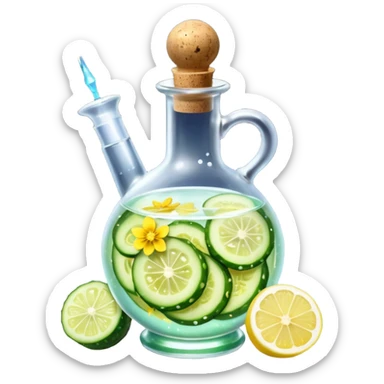 potion bottle with a perfectly round floating bottom, very small cork, very short neck, filled with #00d9ff liquid, inside cucumber slices, lemon slices, ice cubes, edible flower petals, and magical sparkles, soft lighting, transparent glass, clean background, fantasy style sticker