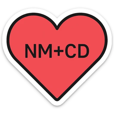 red heart with 'NM+CD' inside, minimalist sans-serif font sticker