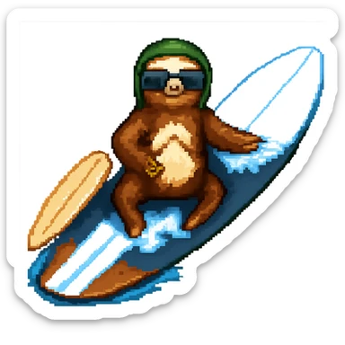 Add sunglasses to the sloth while surfing in pixel art style. Remove the background. sticker