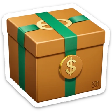 Closed box with smooth, rounded edges

Light honey‑brown tape strip with a glossy highlight

Flat green bill with a bold white dollar sign, anchored at the bottom left of the box

Slight soft shadow under the bill for depth

Plain white background for that crisp, emoji‑ready finish sticker
