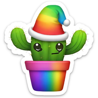 Rainbow cactus with a Christmas hat on and a cute smiley face sticker