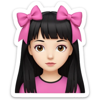 garota branca com cabelo longo, preto e franja reta, olhos castanhos, top preto e laço rosa no cabelo  sticker