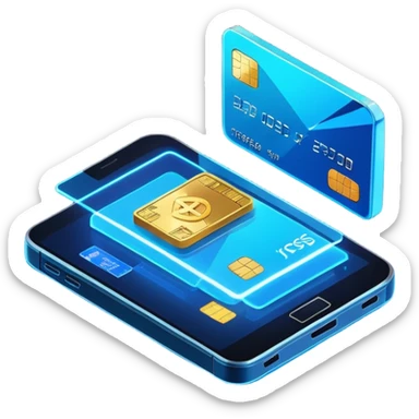 3D isometric fintech illustration, rotated to the left, neon blue lighting, instant crypto transfer, glowing coin, dynamic holographic arrows, metallic and glass textures, two isometric credit cards in the background, volumetric glass elements with realistic reflections sticker