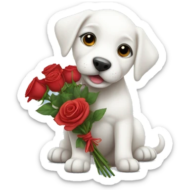 White puppy holding roses  sticker