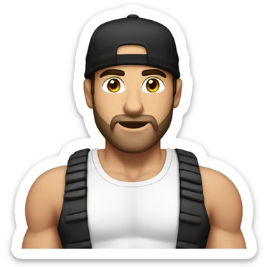 Muscular Alex Hormozi with a black cap and a white tank top sticker