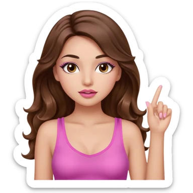 girl with long wavy brown hair, brown eyes, light to medium complexion, in a pink sexy top, pink lips, long lashes, silent motion with the hand one finger up sticker
