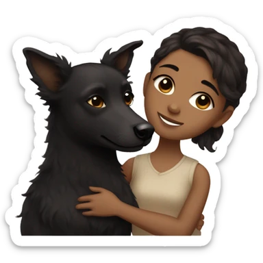 girl with dark brown hair and light brown skin and dark brown eyes cuddling a cute black fluffy kelpie with light brown spots and pointy ear sticker