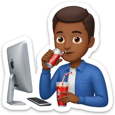 Hombre tomando un refresco frente a un ordenador sticker