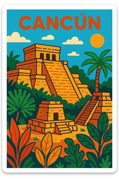 Cancun Mayan ruins with tropical plants, sunny and historical sticker