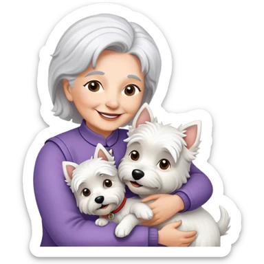 One silver-haired older lady smiling and hugging single westie dog sticker