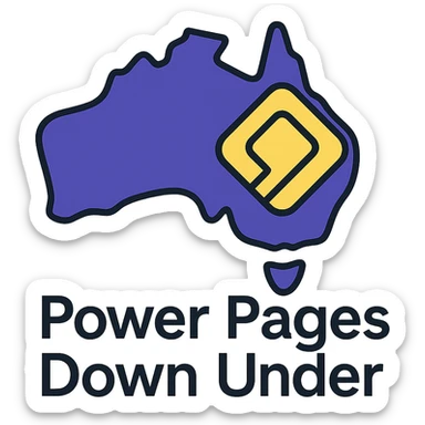 Make the icon more colorful by using #403DAD, a vibrant purple, and #fff7ad as accent colors. Keep the map of Australia with the official Microsoft Power Pages icon overlay and the text 'Power Pages Down Under' in a clean, modern font. No digital web overlay sticker