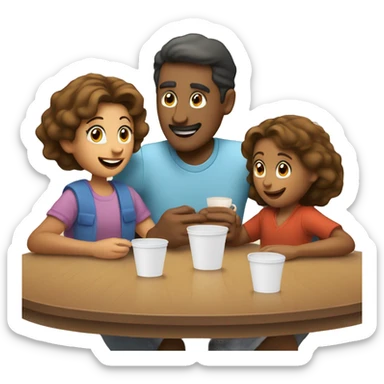 An emoji of a family—mother, father, and child—sitting at a table, playing a cup game with paper cups arranged on the table as they have fun together sticker
