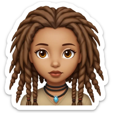 girl with dreads she has kind of caramel skin the dresds are like up to her neck in length brown eyes kind of big to normal lips sticker