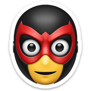 A high-gloss 3D emoji-style mask inspired by a superhero design. Smooth rounded head shape with expressive large eyes. Primary color: matte black. Secondary color: bright red web-pattern lines across the mask. Clean, shiny, cartoony finish, symmetrical design, crisp outlines sticker