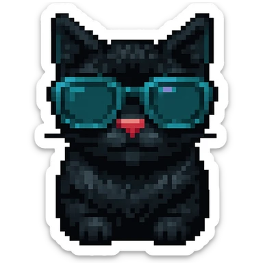 Make the cat black while keeping the sunglasses, in pixel art style, with no background. sticker