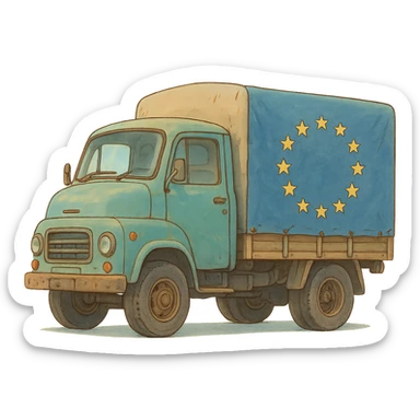 ghibli style cargo truck with European flag, soft colors sticker