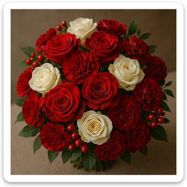 a red bouquet with red and white roses, elegant and lush, detailed floral arrangement sticker