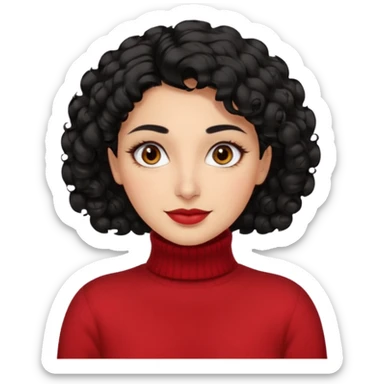 30 yr iranian woman black hair curly wavy short hair, red turtle neck sweater, very thick eyebrows, light skin, dark brown eyes, small smile sticker