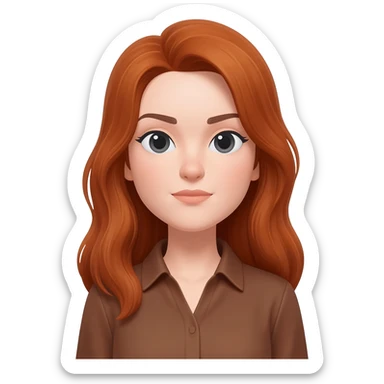 like the apple woman emoji, but with long auburn hair and pale lavender skin, wearing brown shirt sticker