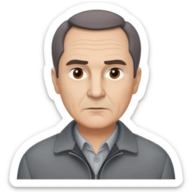 Actor in his 60s with light skin, round face, broad cheekbones. Expressive dark brown eyes, slightly arched thick eyebrows. Short brown hair combed to the side with visible receding hairline. Serious expression. Wearing a professional gray jacket. sticker