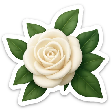 Create a 3D illustration of a white rose with leaves in the style of iOS Apple emoji, featuring volumetric petals and realistic leaves, on a transparent square background. The style should reflect the detailed and polished look of Apple emojis with a 3D effect. sticker
