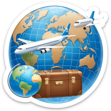 An icon featuring a suitcase, a hotel building, and a globe, symbolizing tourism and hospitality. The design includes a plane and a map, representing travel and accommodation services. Transparent background highlights the global nature of tourism and the hospitality industry. sticker