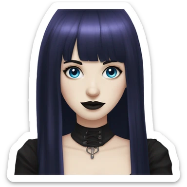 gothic girl, pale skin, blue eyes, long hair, deep dark purple hair, bangs, black clothes, eyeliner, upper lip mole sticker