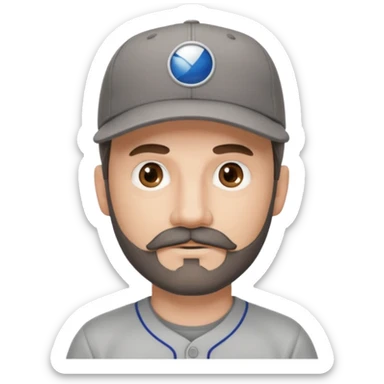 white male with dark brown goatee beard and moustache with grey tones wearing a grey baseball cap back to front with hazel eyes sticker