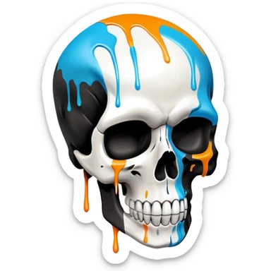 smooth black skull with street art colors and brand logos painted within the skull's surface, minimal paint drips that don't extend past skull outline, angled view sticker