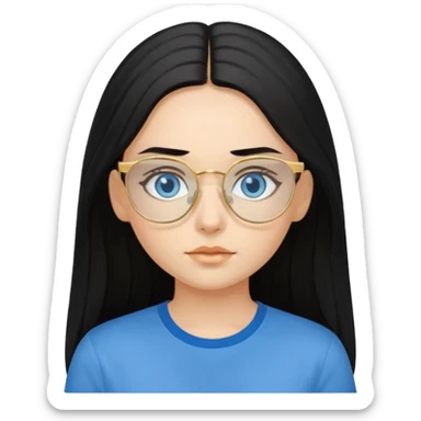 a black haired girl with blue eyes and glasses with blue shirt and long hair and gold glasses sticker