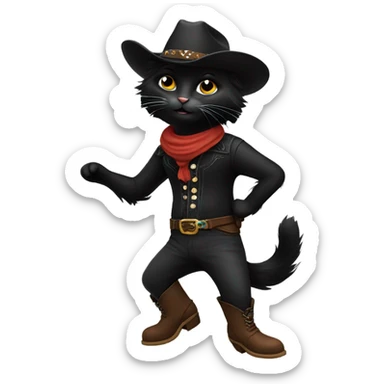 A black cat with long fur dancing in cowboy boots sticker