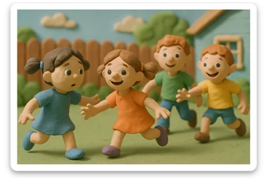 Children playing tag in a backyard, claymation style, pastel colors, visible fingerprints, matte plasticine texture. sticker